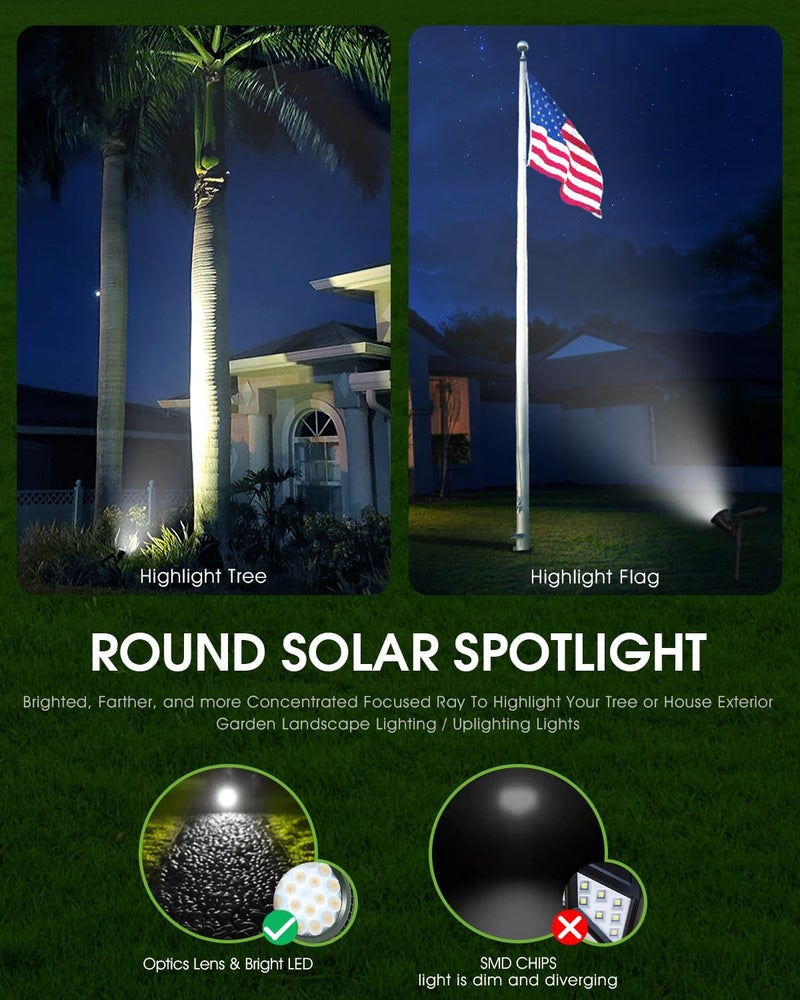 DBF Solar Spot Lights Outdoor, IP65 Waterproof, Cool White, 600LM High Bright, 2 Brightness Modes, 18 LED, Auto On/Off, Angel Adjustable for Flag Pole Garden Yard Patio Driveway Tree, 2 Pack - Image 3